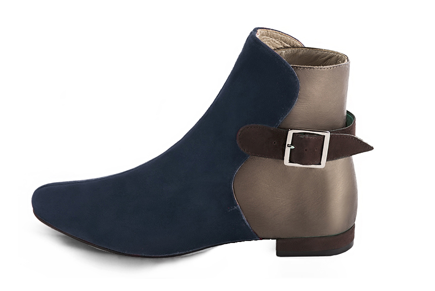 Women's navy blue, antique gold and dark brown elegant ankle boots, with buckles at the back. Round toe. Flat block heels - Profile view